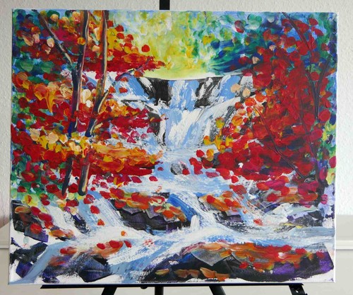 Autumn waterfall painting red - painting,